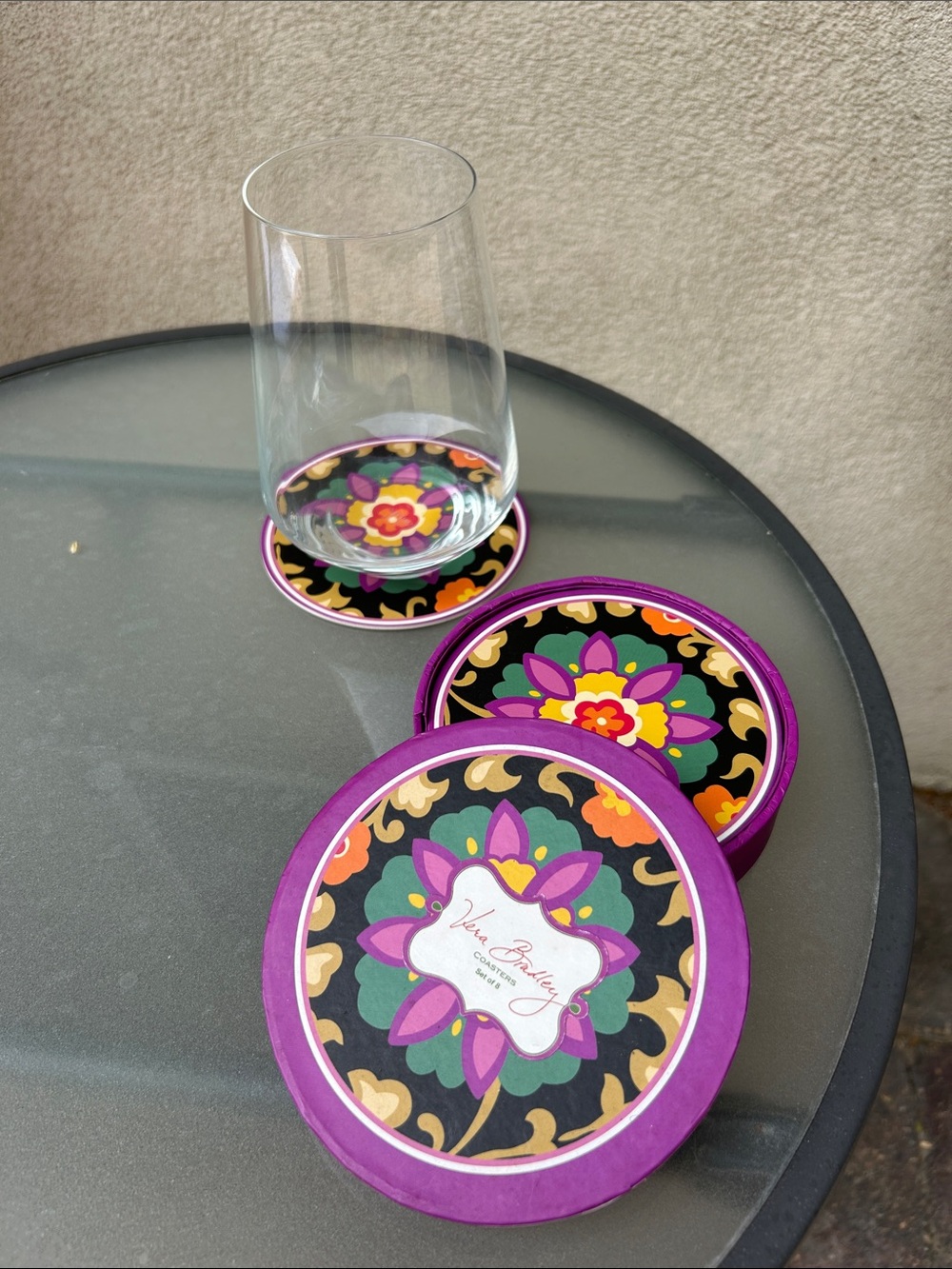 Vera Bradley Purple Floral Round Coaster Set in the Suzani Print - Picture 2 of 3